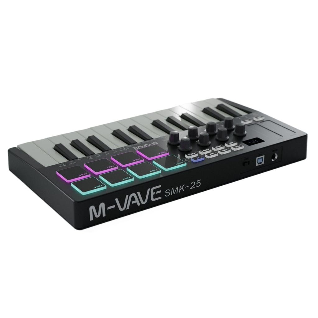 SMK-25 Key MIDI Controller W/8 RGB Pads/8 Assignable 360°knobs/Bluetooth 5.0/USB-B Type Interface/2000mAh Battery Powered