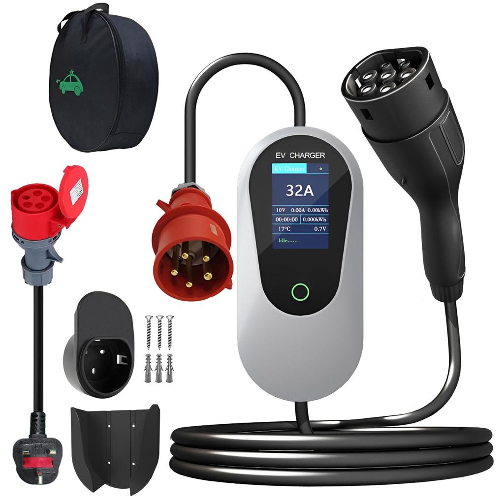 22KW 5M 32A Protable EV Charger European Standard 3Phase With 5PIN Industrial CEE Plug Adapter Cable And Hook Fast Charging