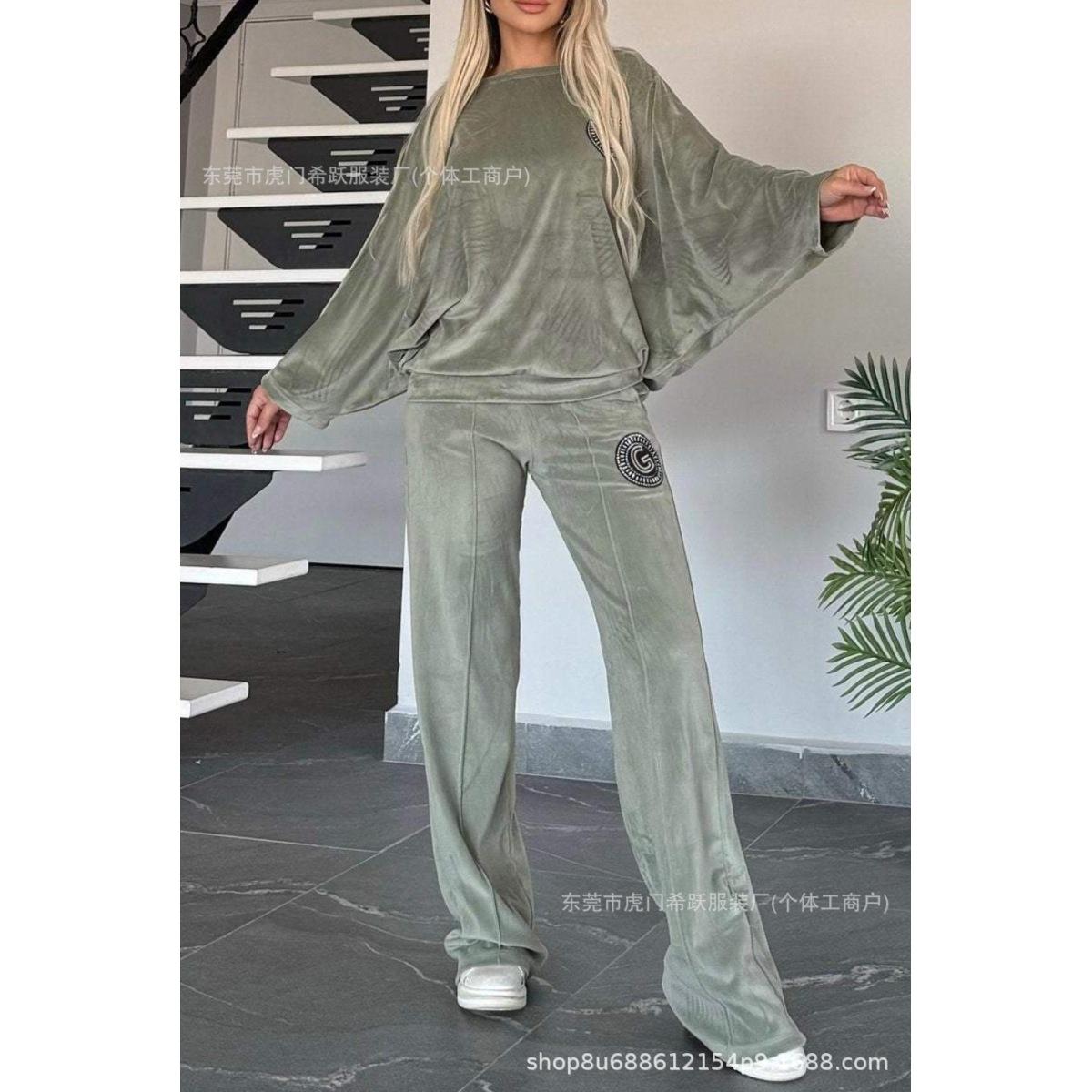 

Женские комплекты из золотистого бархата, однотонные, с круглым вырезом, рукавами «летучая мышь», вышитым узором, верхом, повседневными брюками XXXL серебряный серый