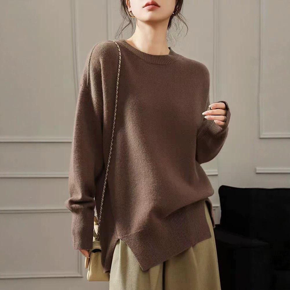 Women's Plus Size Round Neck Sweater - Autumn/Winter Solid Color Knit with Slit Design