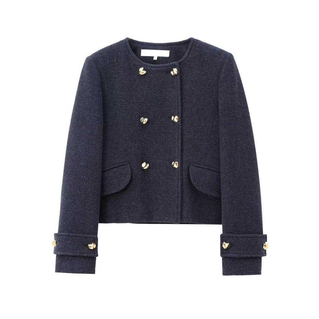 European & American Style Double-Breasted Wool Blend Short Blazer Cape with Midi Skirt