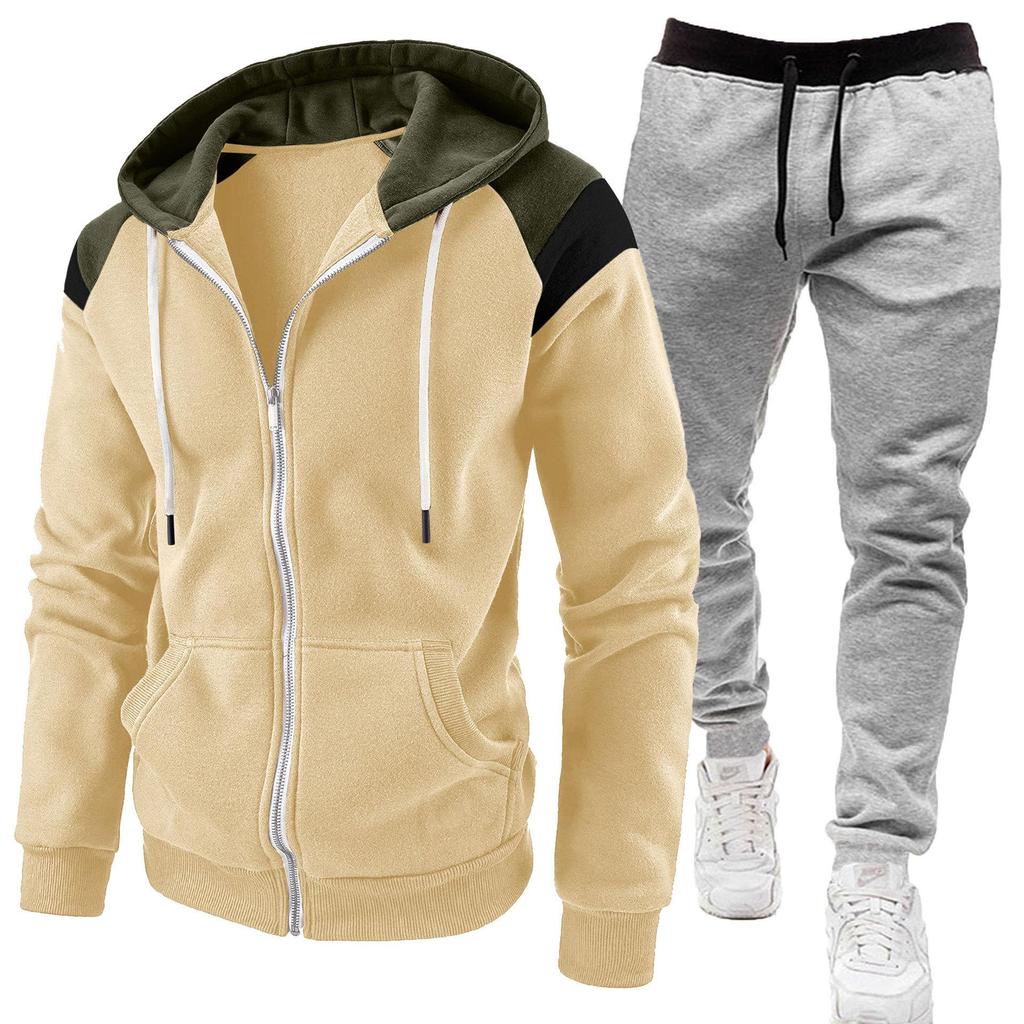 Men's Color Block Hooded Sweatshirt and Casual Sports Set