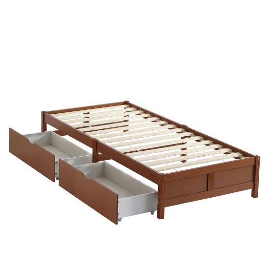 Children Bed, Flat Bed, Wooden Bed, Vintage Wood Color, Two Drawers with Castors, Adolescents And Adults, Pine Frame, Sturdy Slatted Frame, 90x200cm