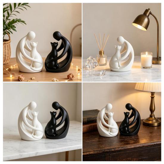 Minimalist Abstract Human And Cat Figurine Modern Decorative Men Women Cat Statue for Home Office Table Shelf Desk Entryway Decor