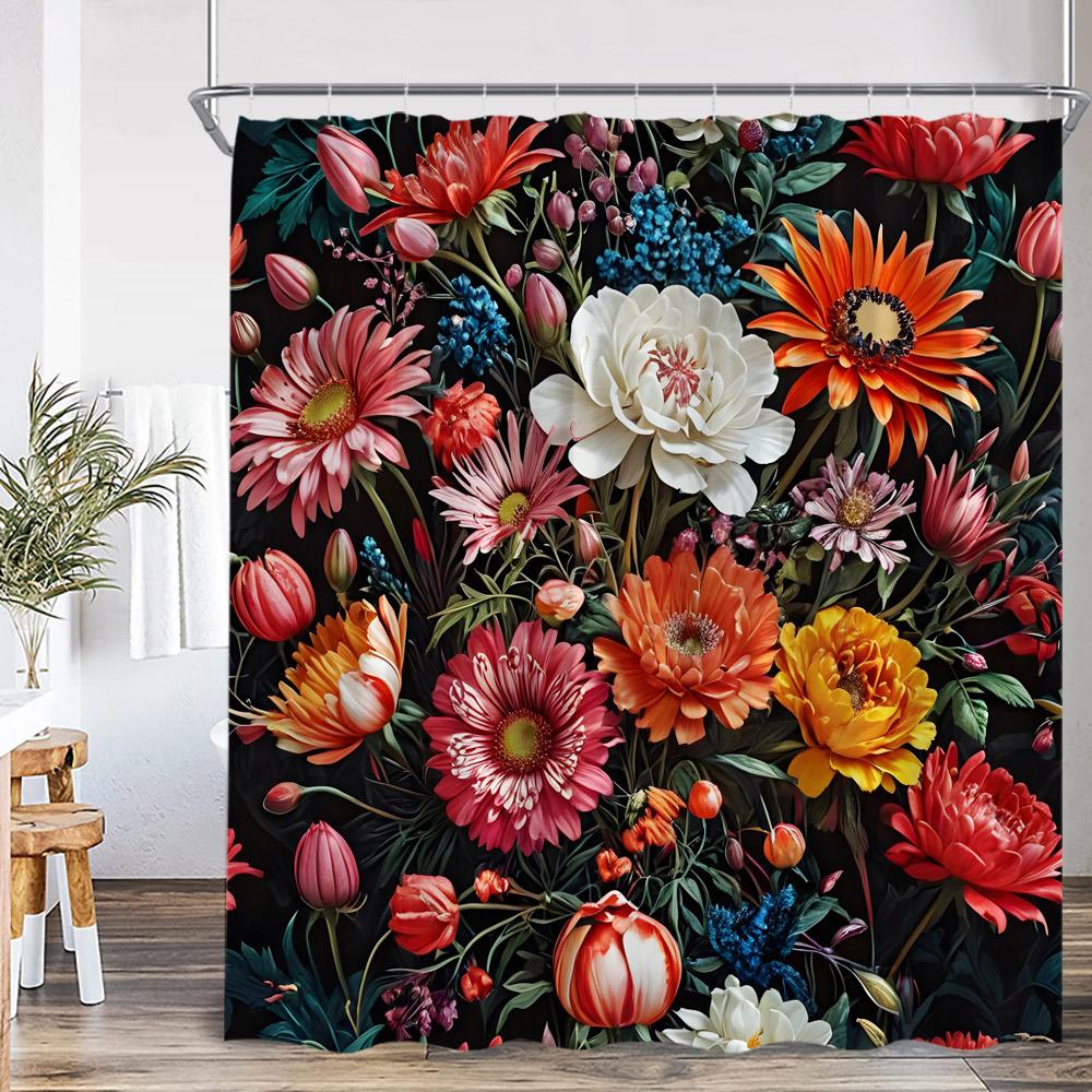Vintage Floral Shower Curtain Colorful Flower Blossom Plant Green Leaf Dark Bathroom Decoration Polyester Bath Curtain with Hook
