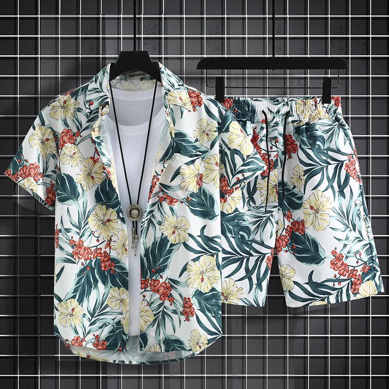 Klassisches Bequemes Hawaii Blumen Pflanzen 3D Druck Hemd + Shorts Zweiteiliges Set Kurzarm Umlegekragen Hemden Kurze Hosen