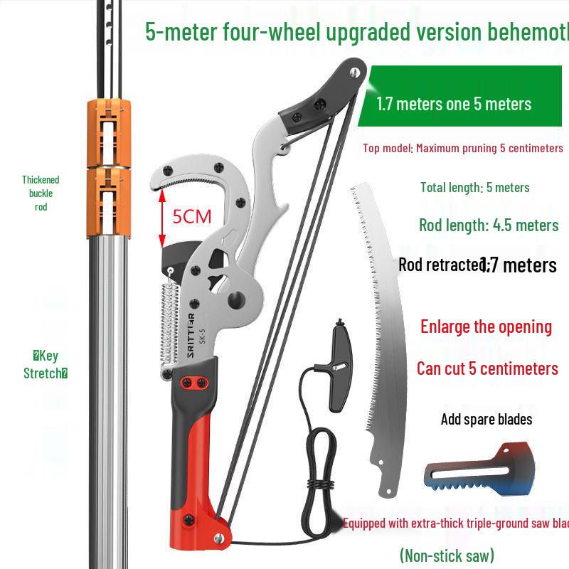 Aluminum Alloy Telescopic Pole and Pruner with High Branch Saw for Tree Pruning.