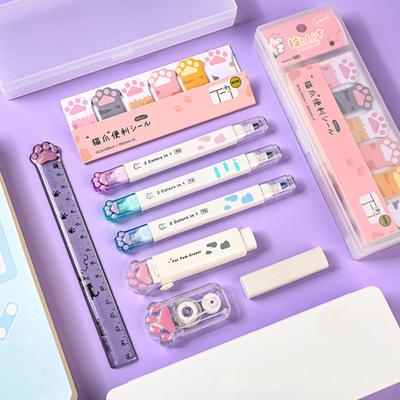 Cute Cat Paw Stationery Set with Eraser Correction Tape Highlighters Sticky Notes Ruler Pencil Box School Office Supplies Cat Lovers Birthday Gift