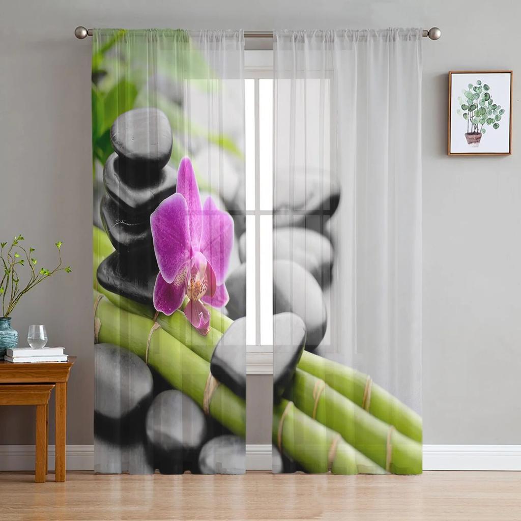 Green Bamboo Zen Plant Tulle Curtains Modern Chiffon Sheer for Living Room Bedroom Kitchen