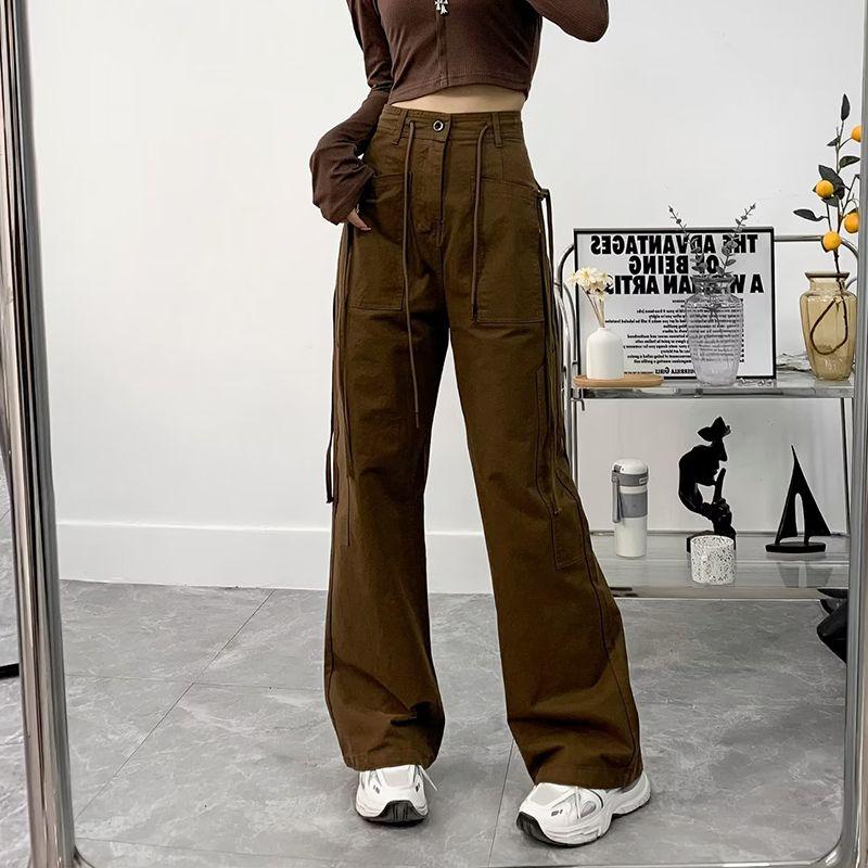 American Retro Multi-Pocket Ribbon Straight-leg Workwear Pants Women's Summer Stylish Loose High Waist Casual Pants Niche Style