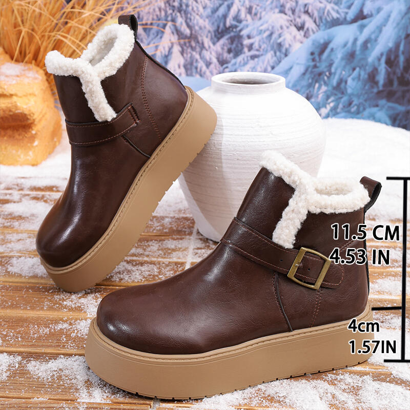 Fashion Thick Bottom Waterproof Pu Snow Boots Women 2025 Winter Metal Buckle Chunky Platform Furry Ankle Boots Warm Plush Casual Shoes