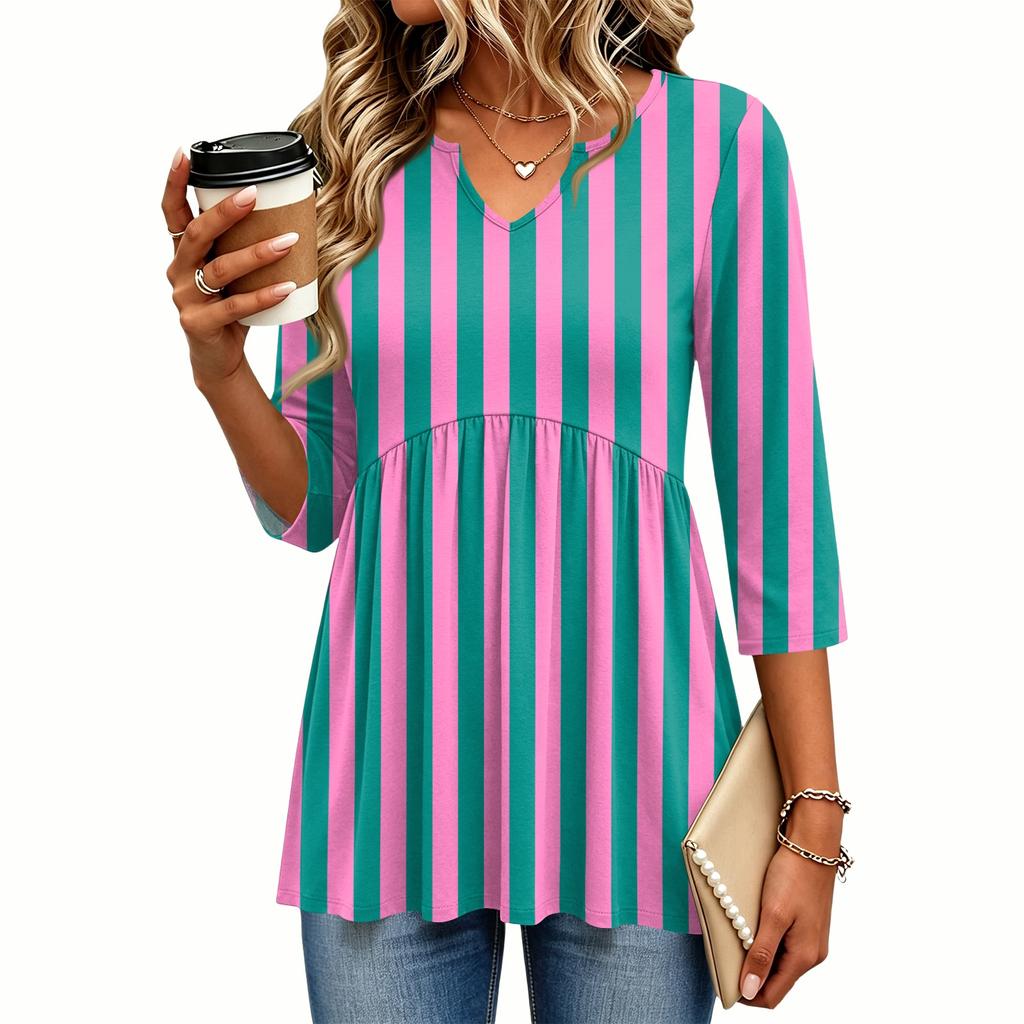 Women's Casual Striped V-Neck Three-Quarter Sleeve Blouse for Everyday Wear