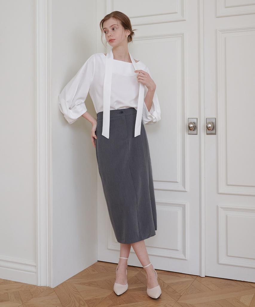 Bye Bye Seop Side Tuck Long Skirt Charcoal [T41]