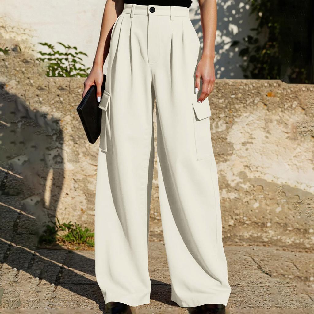 Pantalon Décontracté Large pour Femme Taille Haute Fermeture Boutonnée Poches Style Cargo Coupe Ample Pantalon Convient pour un Usage Quotidien et le Bureau