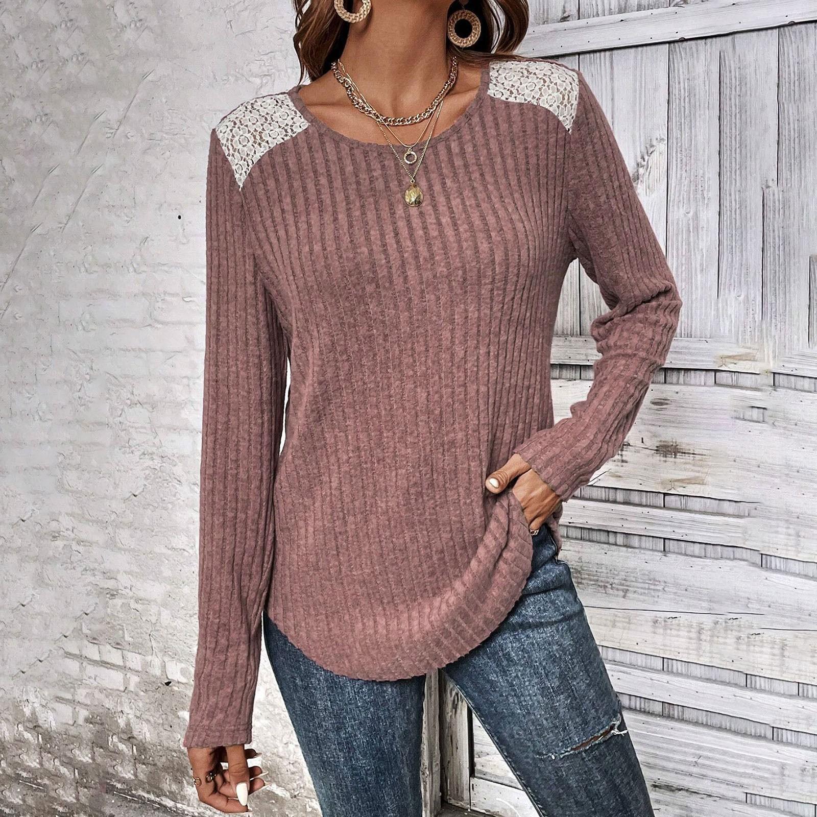 

Женская мода однотонный круглый вырез горловины полосатый кружевной топ с длинными рукавами XL винный