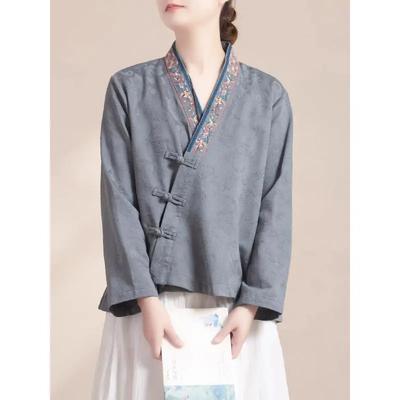 Chinese Retro Placket Embroidered Disc Buckle Cotton and Linen Long-sleeved Cardigan Hanfu Women's Casual Loose Literary Spring and Autumn Top