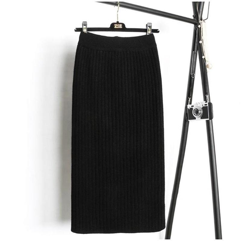 

Эластичные женские юбки длиной 65-75 см, осенне-зимняя теплая вязаная прямая юбка, ребристая юбка средней длины L чёрный