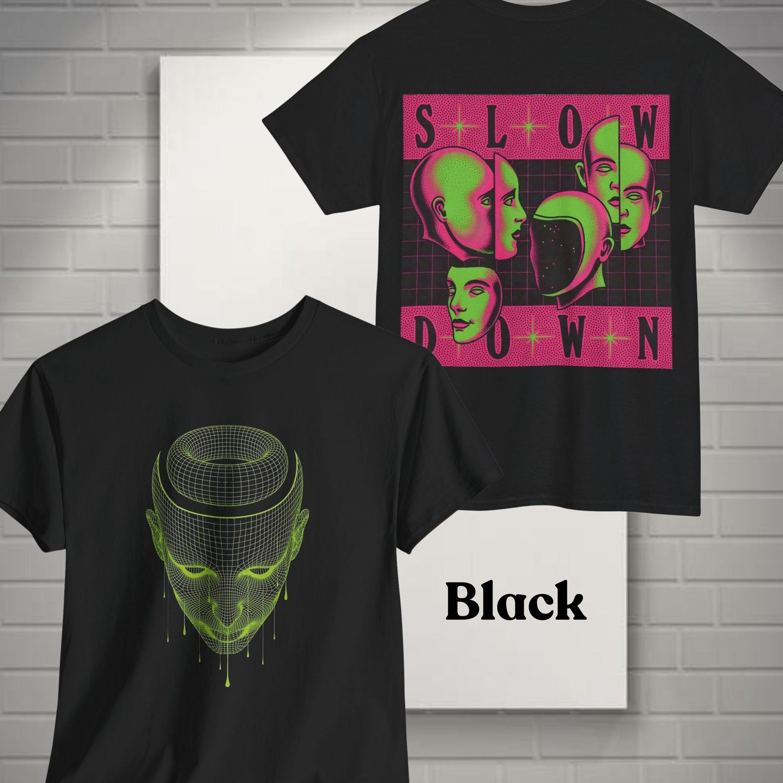 Vintage Neon Cyber Head T shirt | Slow Down Retro Futurism M