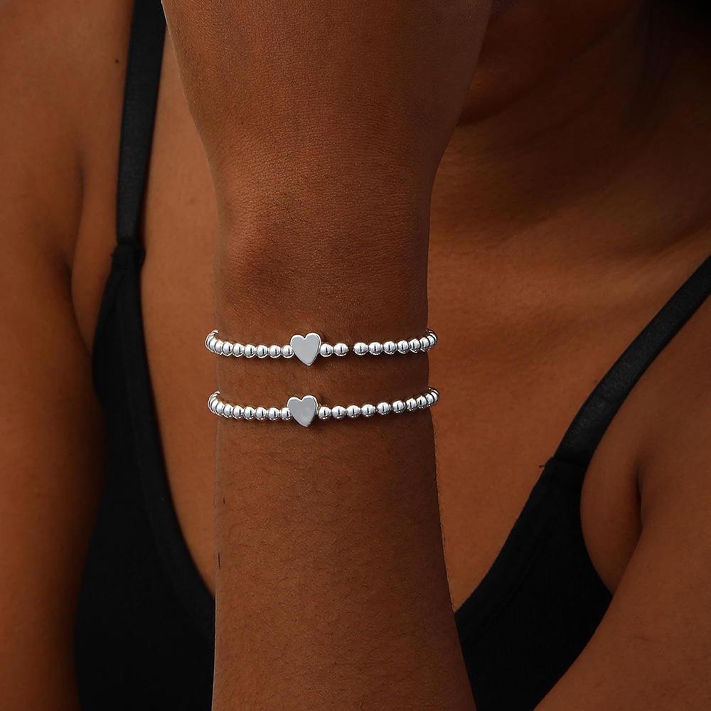 Silver Plated Heart Bead Elastic Bracelet - Unisex Jewelry