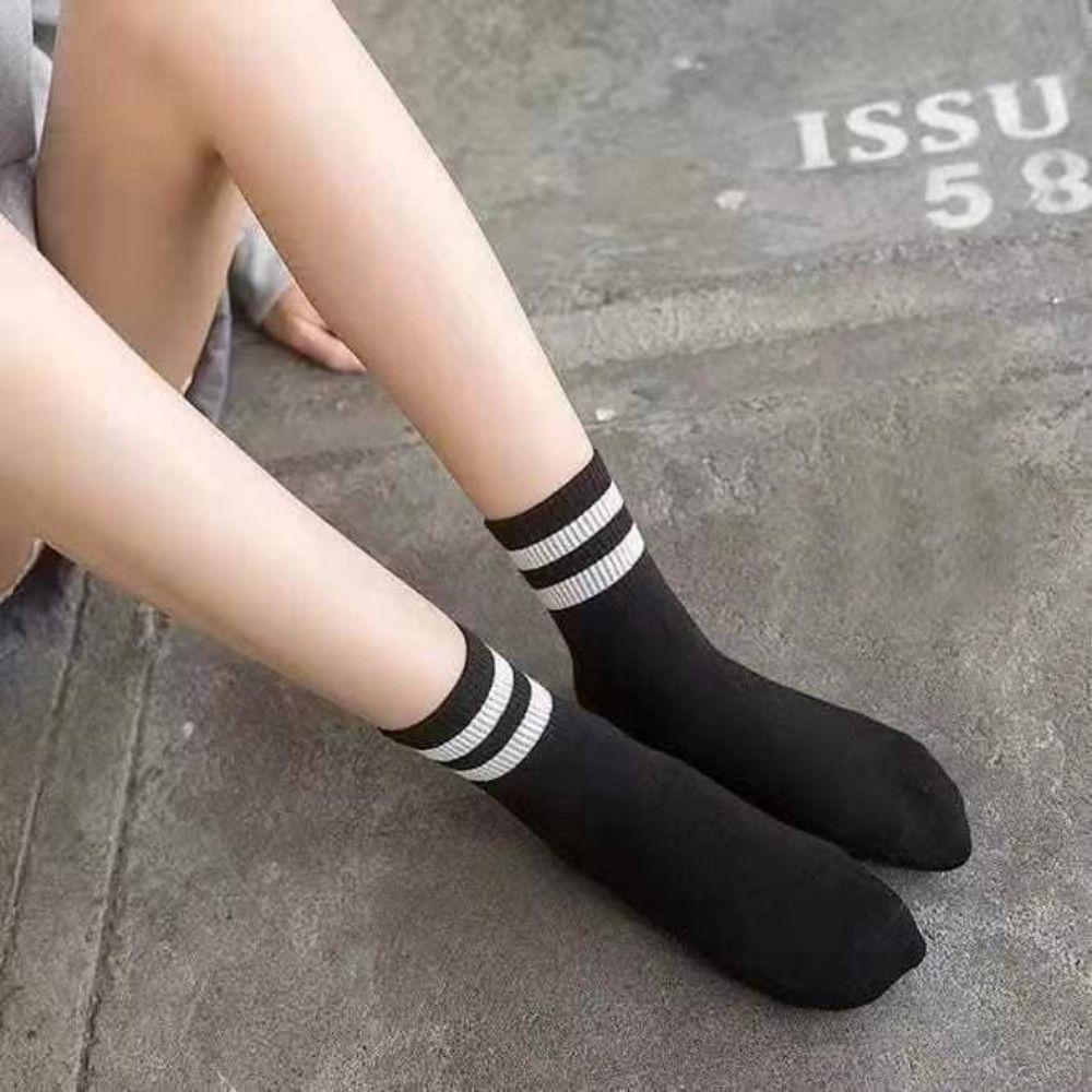 Striped Two Bar Fashion Cotton Female Socks Casual Hosiery Middle Tube Hosiery Korean Style Socks