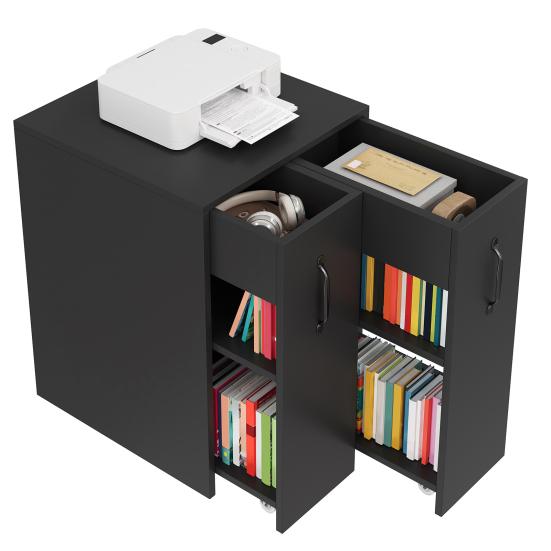 Open Storage Shelf Bookcase with Casters Mobile Sideboard Pull-Out Side Drawer Large Edge Document Protection Reversible Left/Right Configuration -