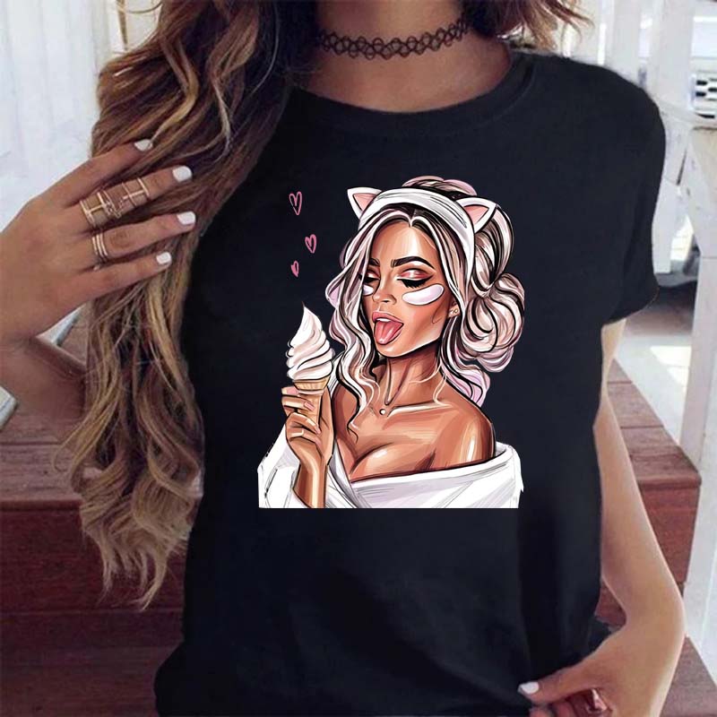 Women T Shirt Fashion Casual Female Print Shirt Loose Women Oneck Tops Harajuku 90s Girls Kawaii T Shirt Korean Style Clothes