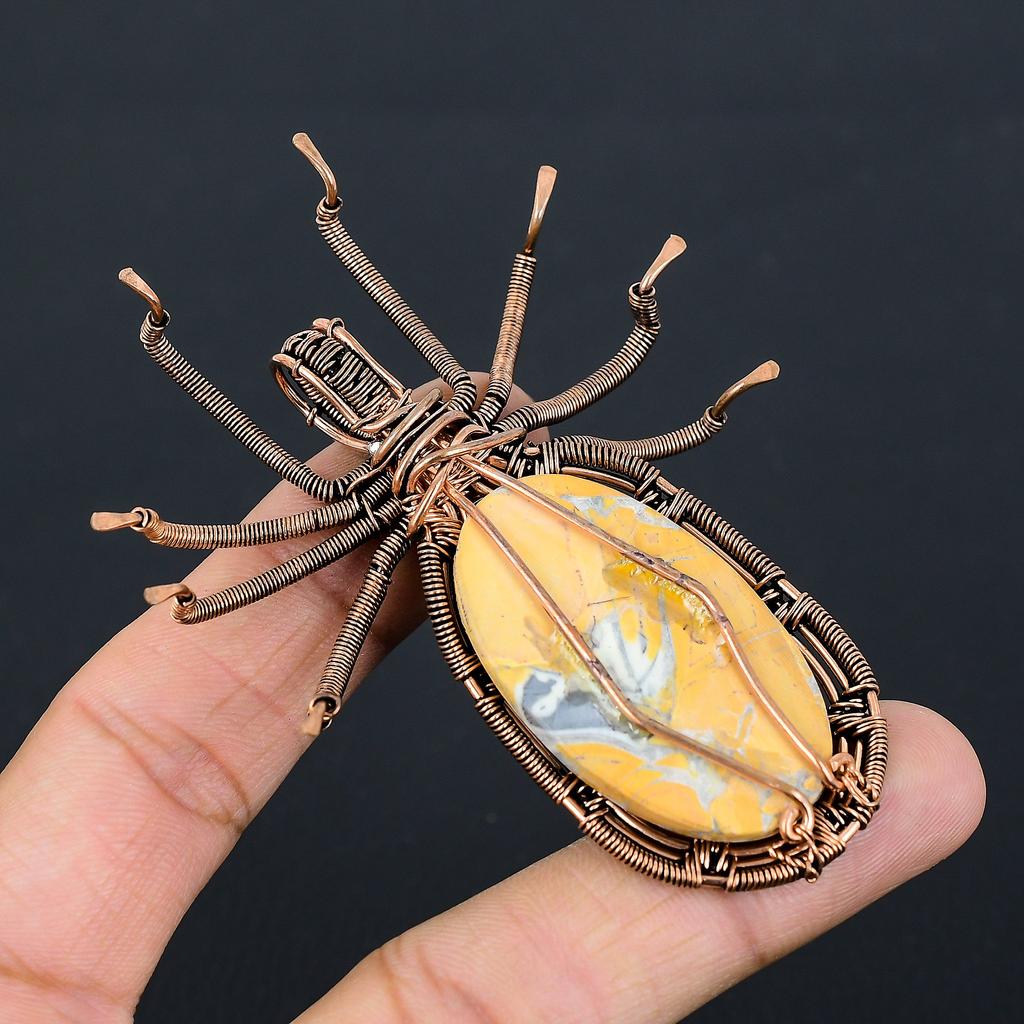 Natural Brecciated Mookaite Gemstone Copper Wire Wrap Spider Pendant 2.56" Q2L64