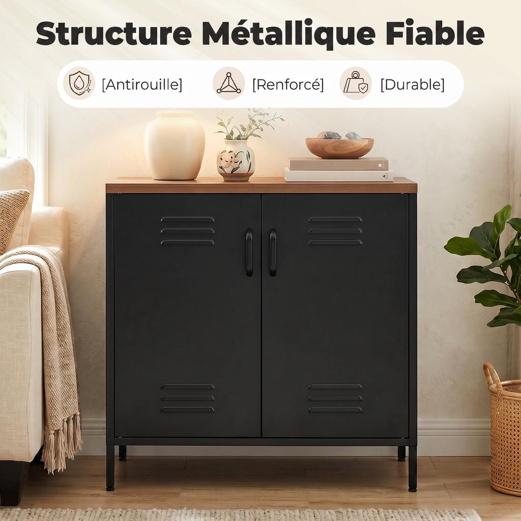 Metal Sideboard for Living Room, Industrial, 2 Doors, Adjustable Shelf, 80 x 40 x 80 cm, Black