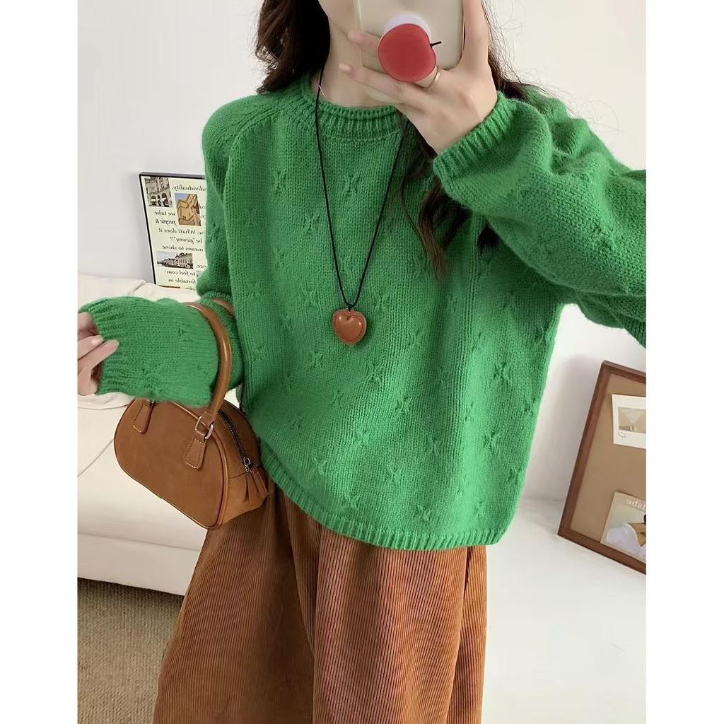 Korean high-end three-dimensional crochet crew neck pullover women's new loose and lazy style