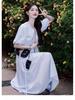 French Blue V-Neck Puff Sleeve Tea Break Dress - Women's Summer Slimming Lace-Up Waist Elegant Skirt