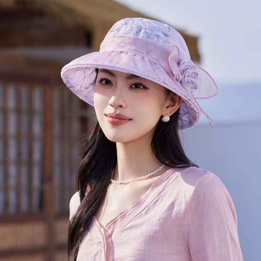 Folding Thin Bow Sunshade Cap Breathable Sunscreen Basin Hat Floral Fisherman Hat Outdoor