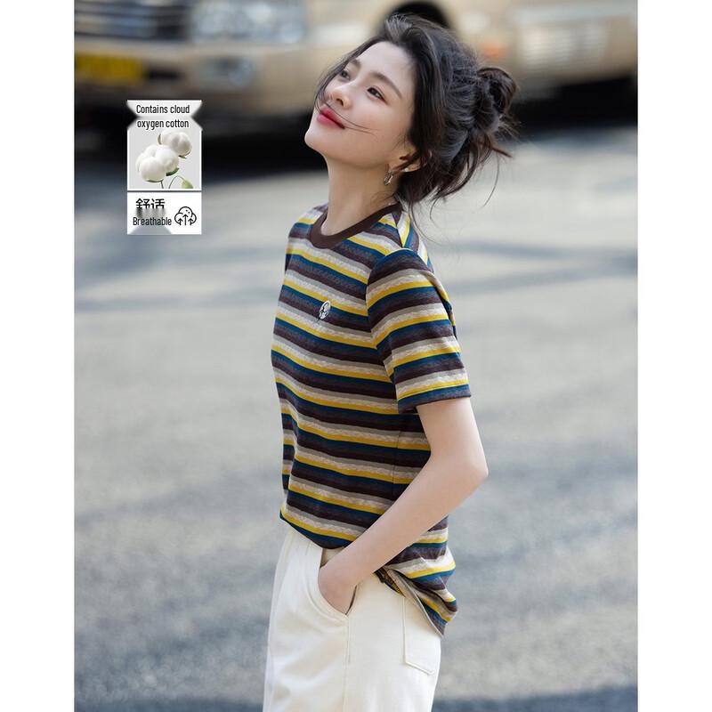 Demana Women s Cloud Cotton Retro Striped Embroidered Short Sleeve T-Shirt L