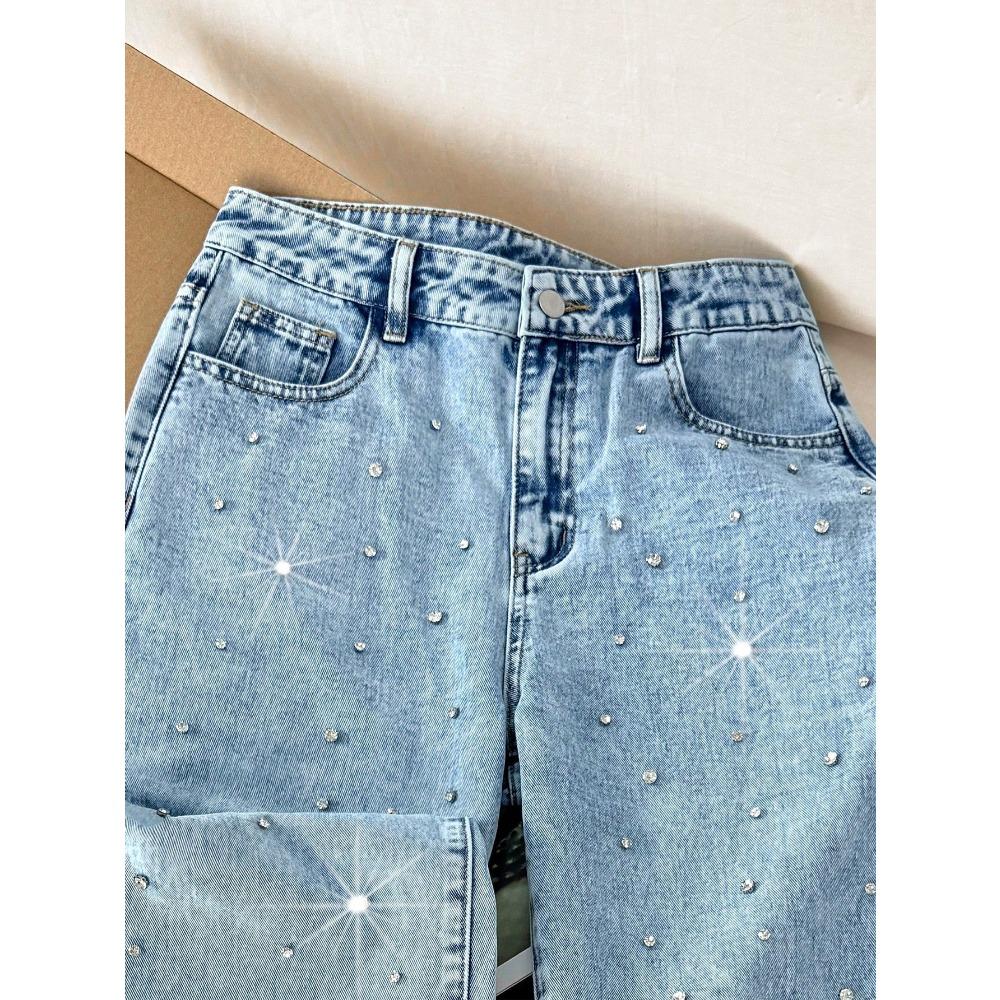 Damen High Waist Weite Beine Hose Locker Gerades Bein Strass Nieten Jeans Uni Helle Waschung Non Stretch Denim Lang Lässig Sommer Hose