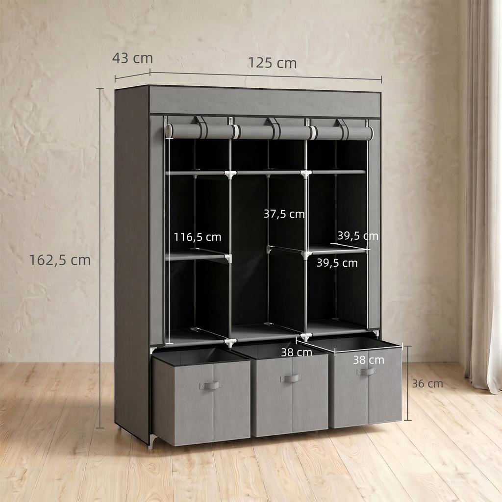 Fabric Wardrobe made of Non-Woven Fabric, Folding Wardrobe, incl. 3 Drawers, 125 cm x 43 cm x 162.5 cm, Grey