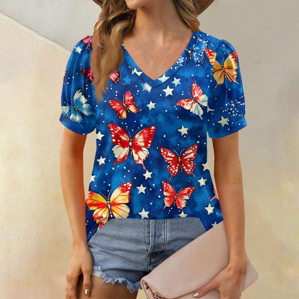 Women's Fashion Independence Day Print Top Puff Short Sleeve V-neck T-shirt Loose Casual T-shirt