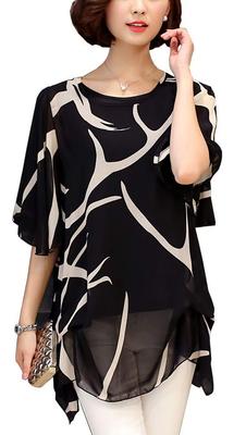 (Aspersio) Aspersio Women's Elegant Chiffon Top with Flare Sleeves, 3/4 Sleeves, Black (XL)