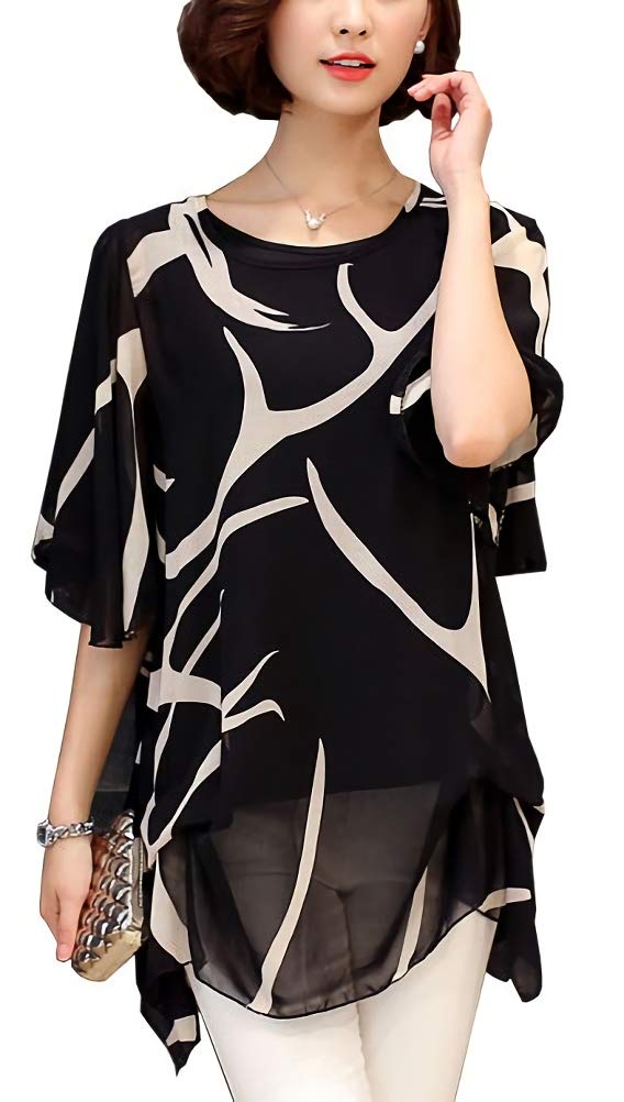 Aspersio Beautiful Chiffon Design Tops Flared Sleeves Sleeves Tunic Sleeves Slimming Pullover Shirt Sexy Striped Casual Cute Loose Satin Bicolor Round