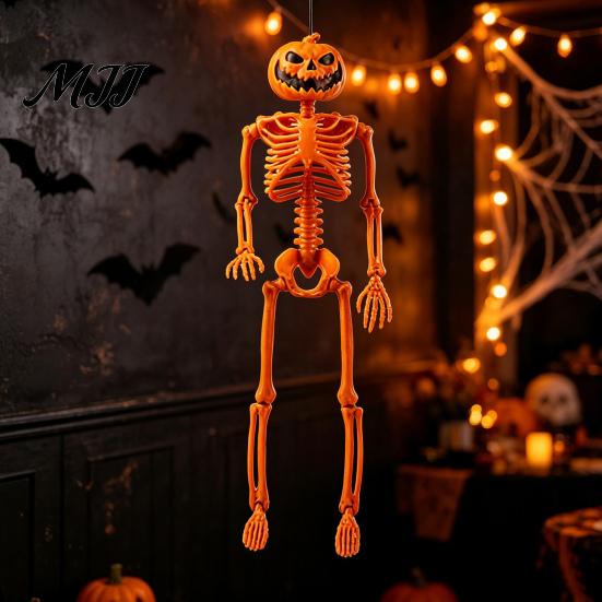 Pumpkin Skull Prop 40cm Head Skeleton for Halloween Decoration, Movable Joint Spooky Party Supplies Figurine with Hanging Lanyard, Festive Statue