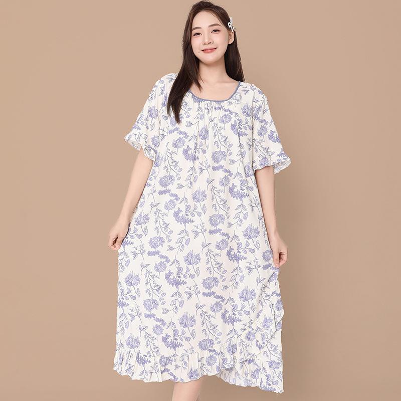 1011 spring and summer new oil painting style nightdress women's cotton and silk loose large size ruffle edge short-sleeved loungewear dress