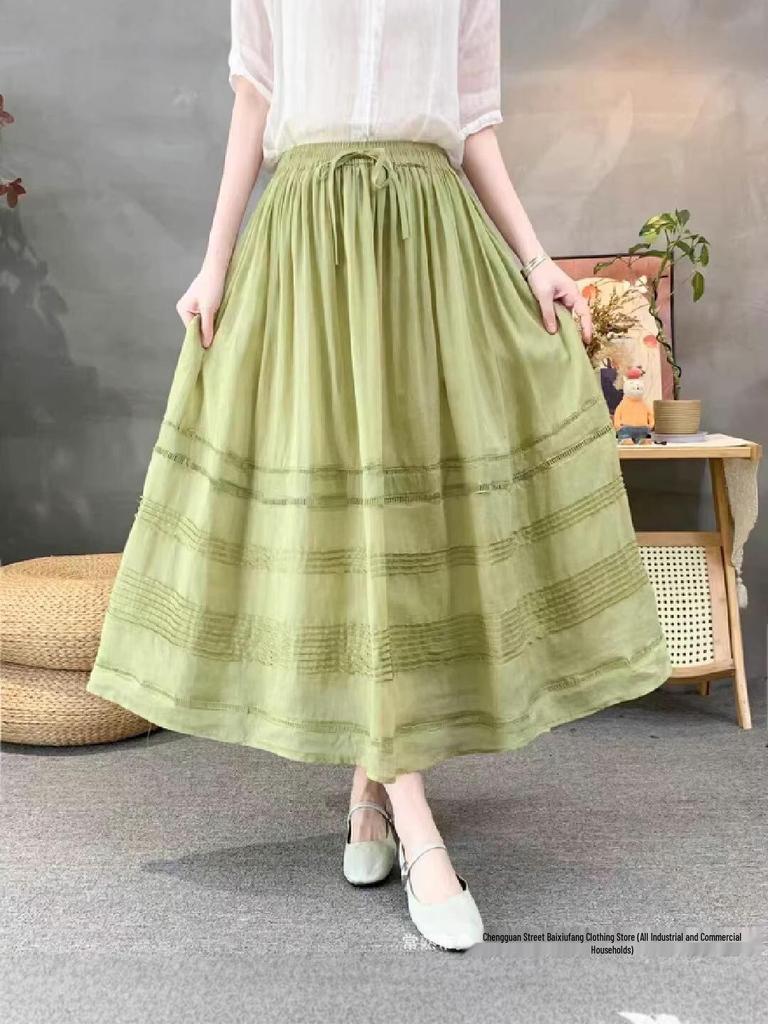 2026 Spring/Summer Women's Romantic Pleated Ramie Skirt with Elastic Waist - Artistic Retro Style