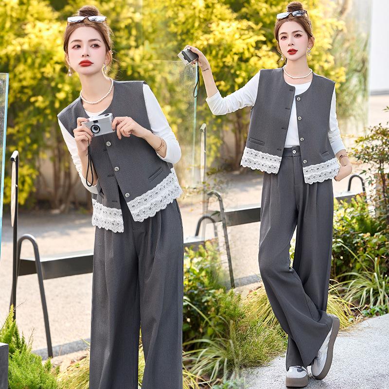 

Кружевной пэчворк Весна 2025 Комплект: Стильный жилет, рубашка и драпирующиеся брюки широкого кроя (Три шт) XL (Weight: 130-140 jin)