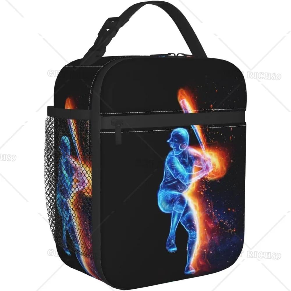A Ice Hockey Player Insulated Lunch Box for Sport Boys Girls Lovers, Black Cooler Thermal Lunch Bag with Water Bottle Holder