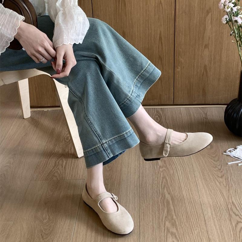 Round head light mouth shoes suede ballet single shoes early spring buckle belt Mary Jane flats ladyshoes