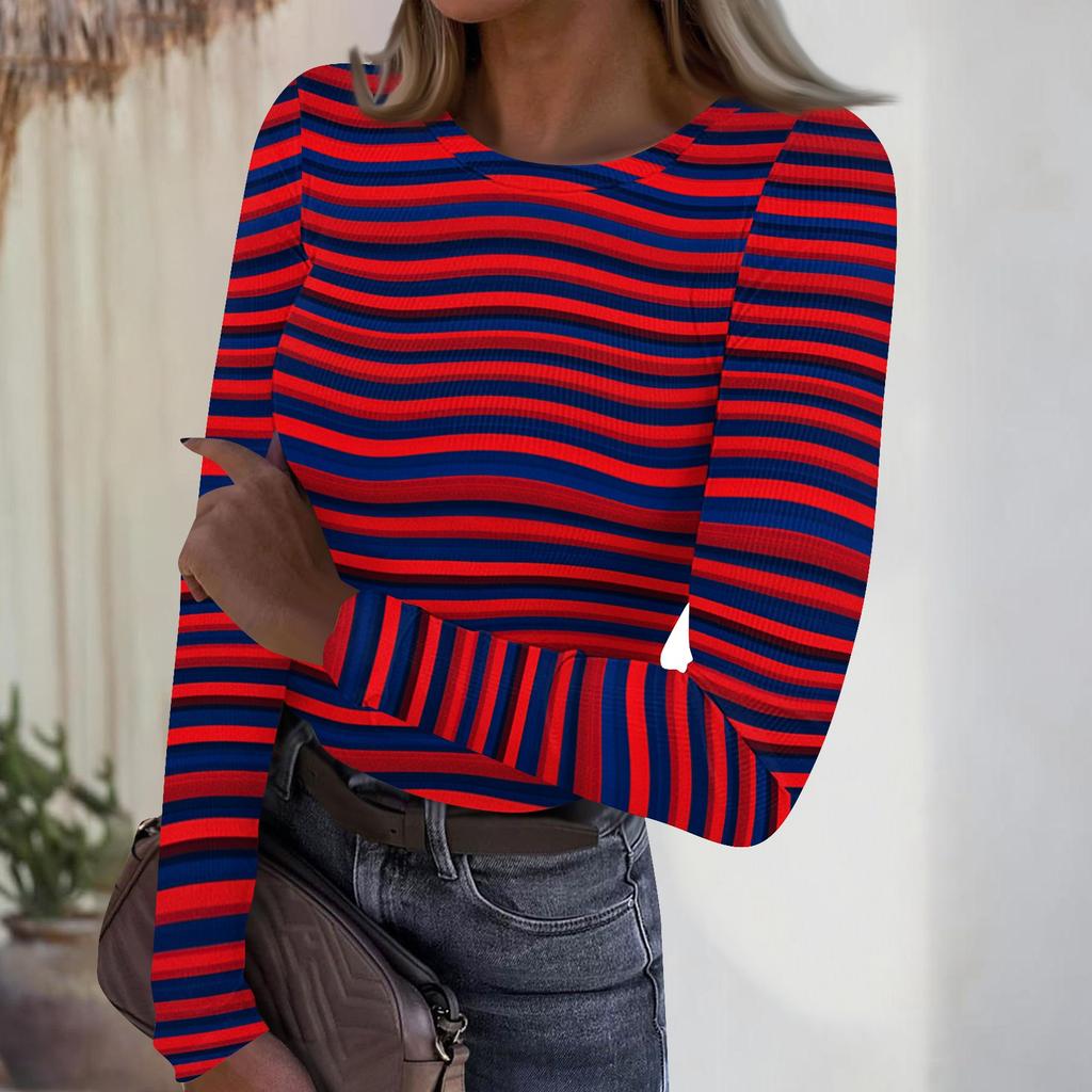 Women's Casual Fashion Round Neck Striped Print Long Sleeve Ribbed Top
