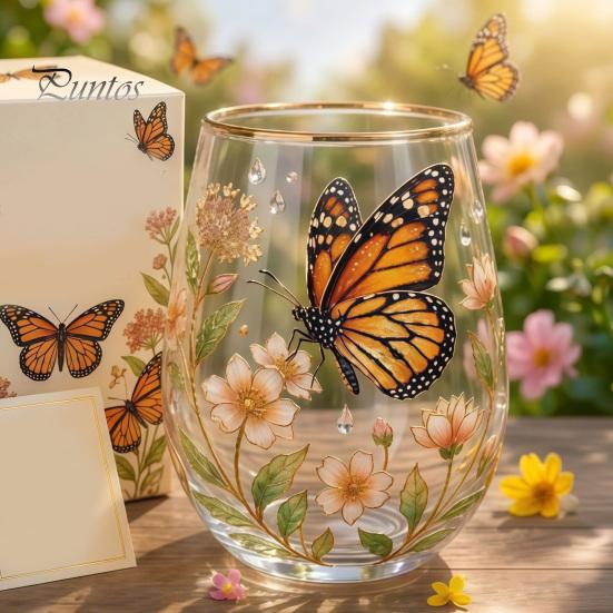 Retro Enamel Style Cup Hand Painted Glass Tumbler, Egg Shaped with Gold Rim, Clear Lead-Free Ocean Turtle Pattern Mug for Tea Coffee Wine Juice
