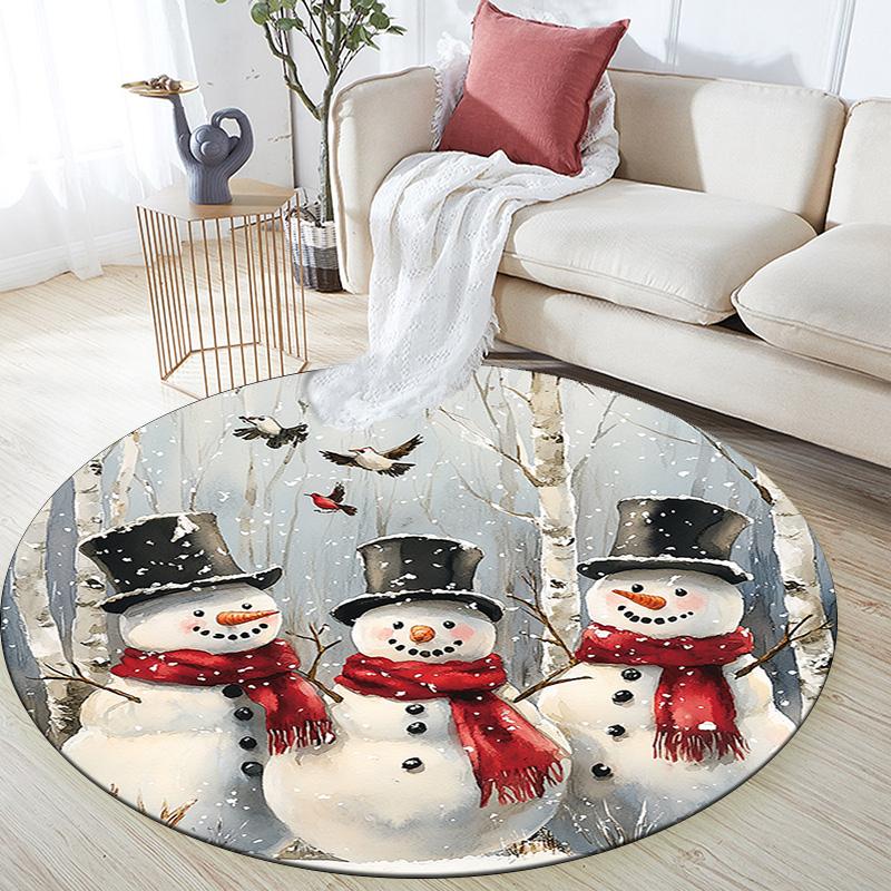 Forest Snowman Round Area Rug,Carpet Rug for Living Room Bedroom Sofa Playroom Decor,Non-slip Floor Mat