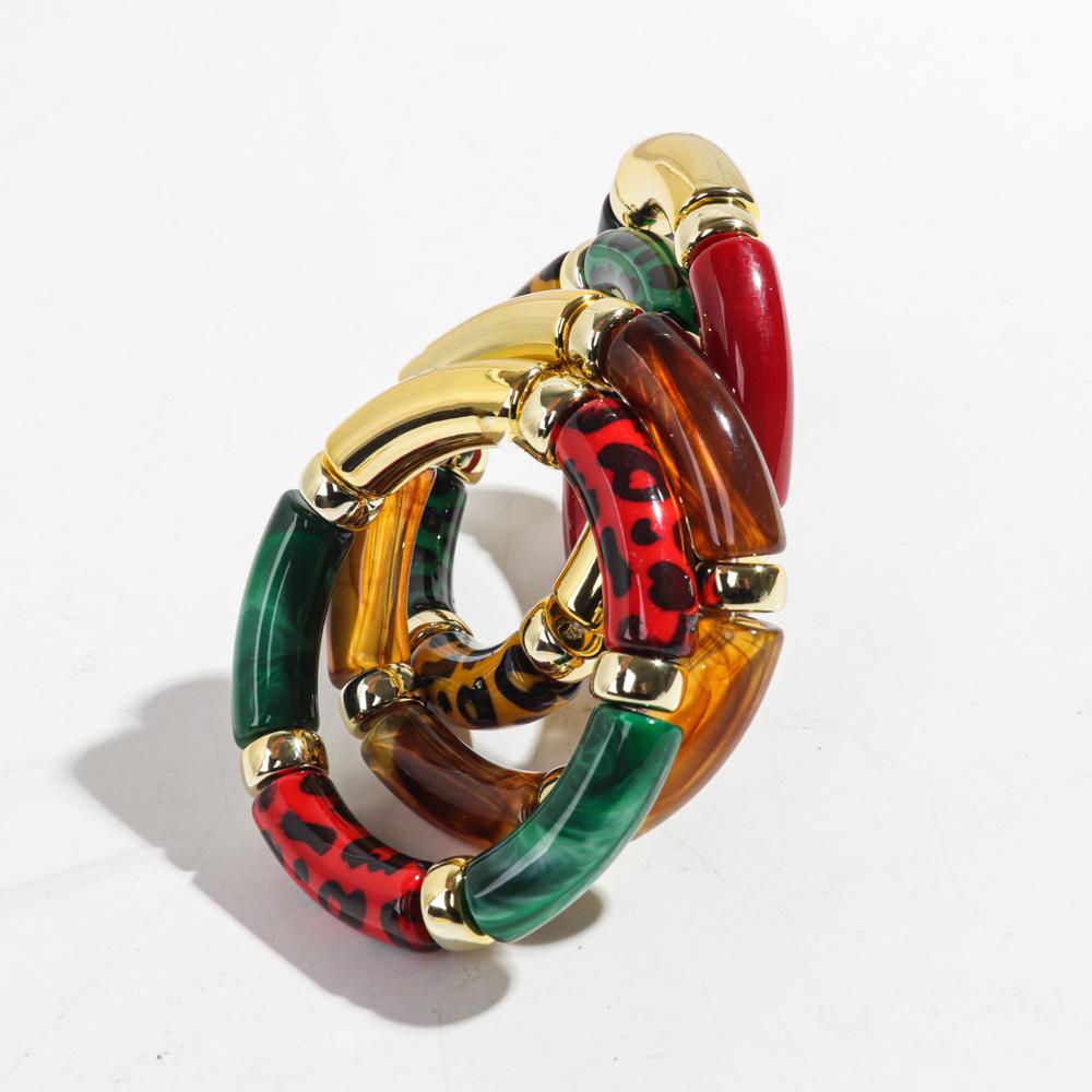 Leopard Colorful Bamboo Curved Tube Bracelets for Women Men Punk Resin Thick Beaded Elastic Stackable Bangles Retro Jewelry Gift