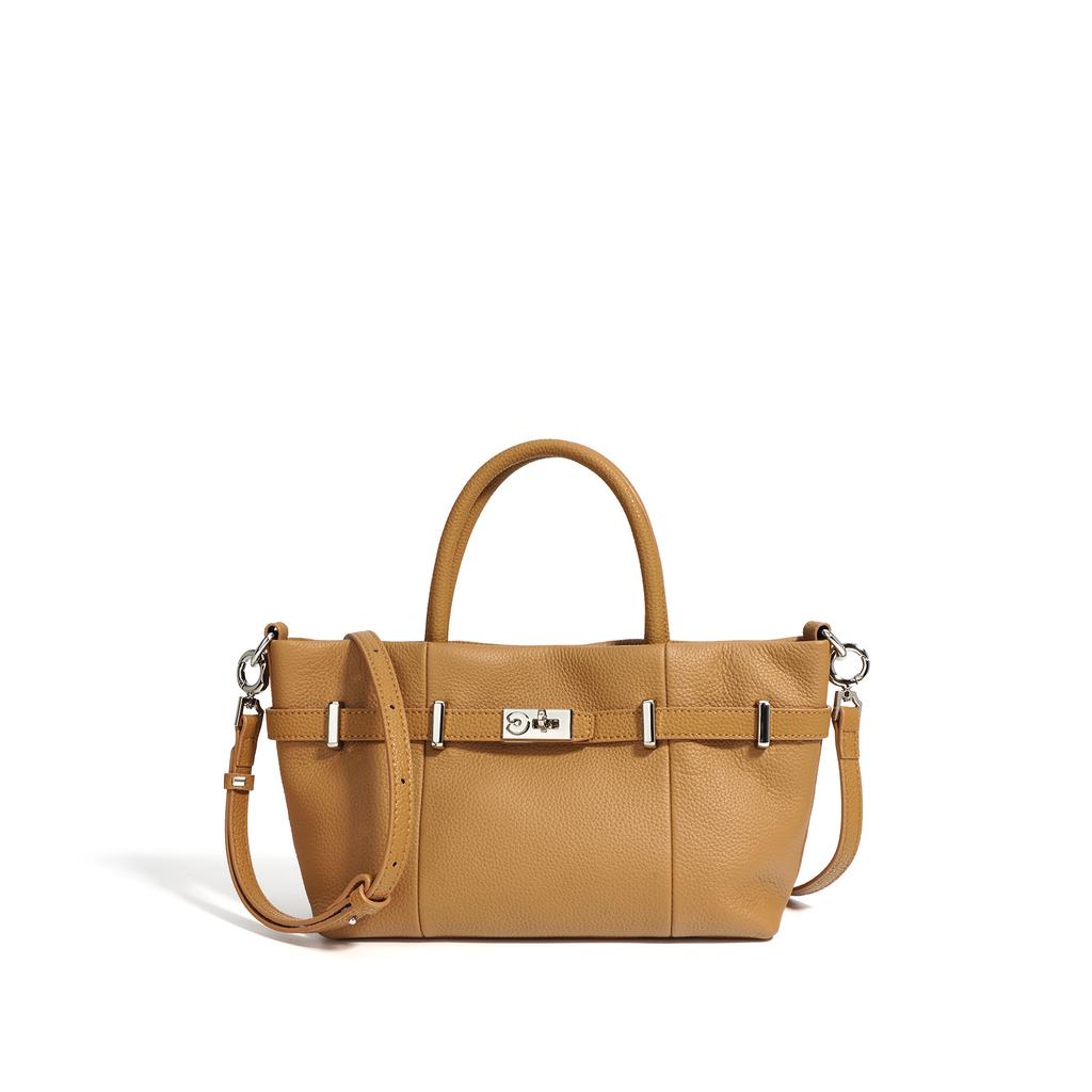 New First-layer Cowhide Lychee Pattern Handbag 2025 Simple Commuting Versatile Single Shoulder Messenger Bag Horizontal Platinum Bag