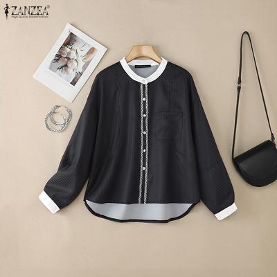 Women Casual Round Neck Long Sleeve Loose Stripe Blouse