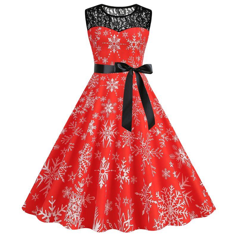 Fashion Round Neck Lace Patchwork Christmas Gingham Mid Length Long Length Sleeveless Dress Side Zipper Belt Dress for Women
